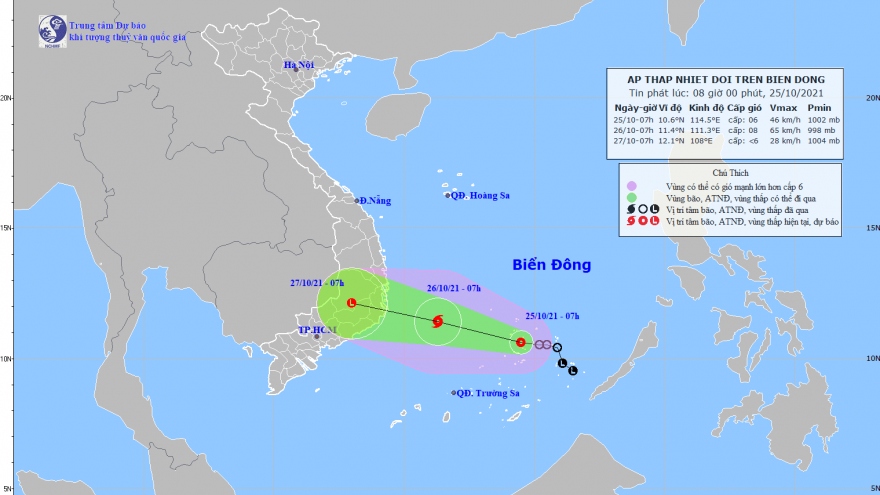 Áp thấp nhiệt đới cách bờ biển Bình Định đến Bình Thuận khoảng 230km