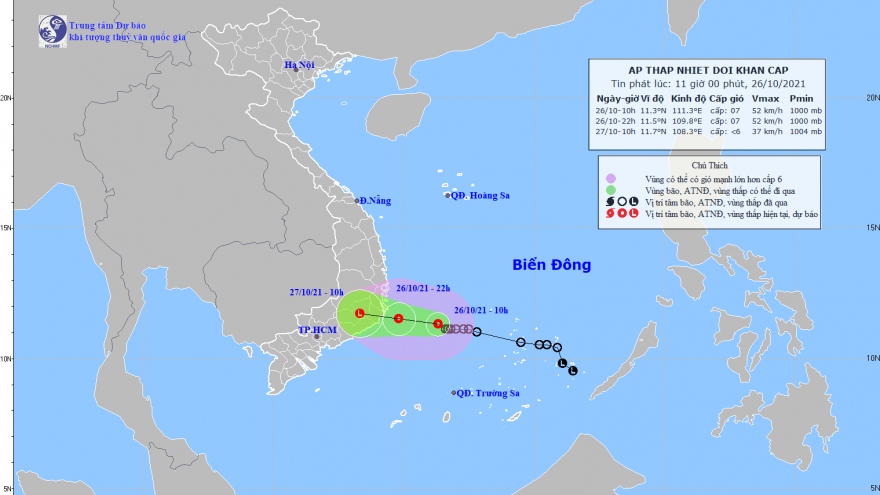 Áp thấp nhiệt đới bắt đầu giảm cấp, hướng vào khu vực các tỉnh Khánh Hòa - Ninh Thuận