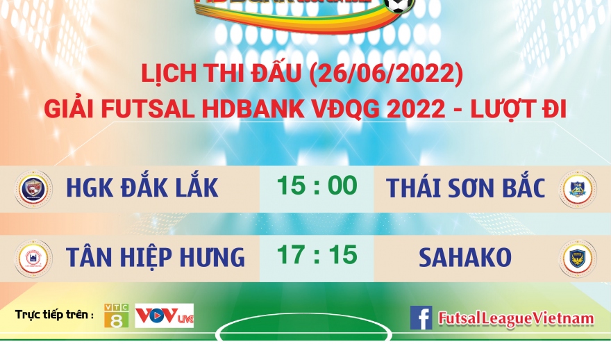 Lịch thi đấu giải Futsal HDBank VĐQG 2022 hôm nay 26/6
