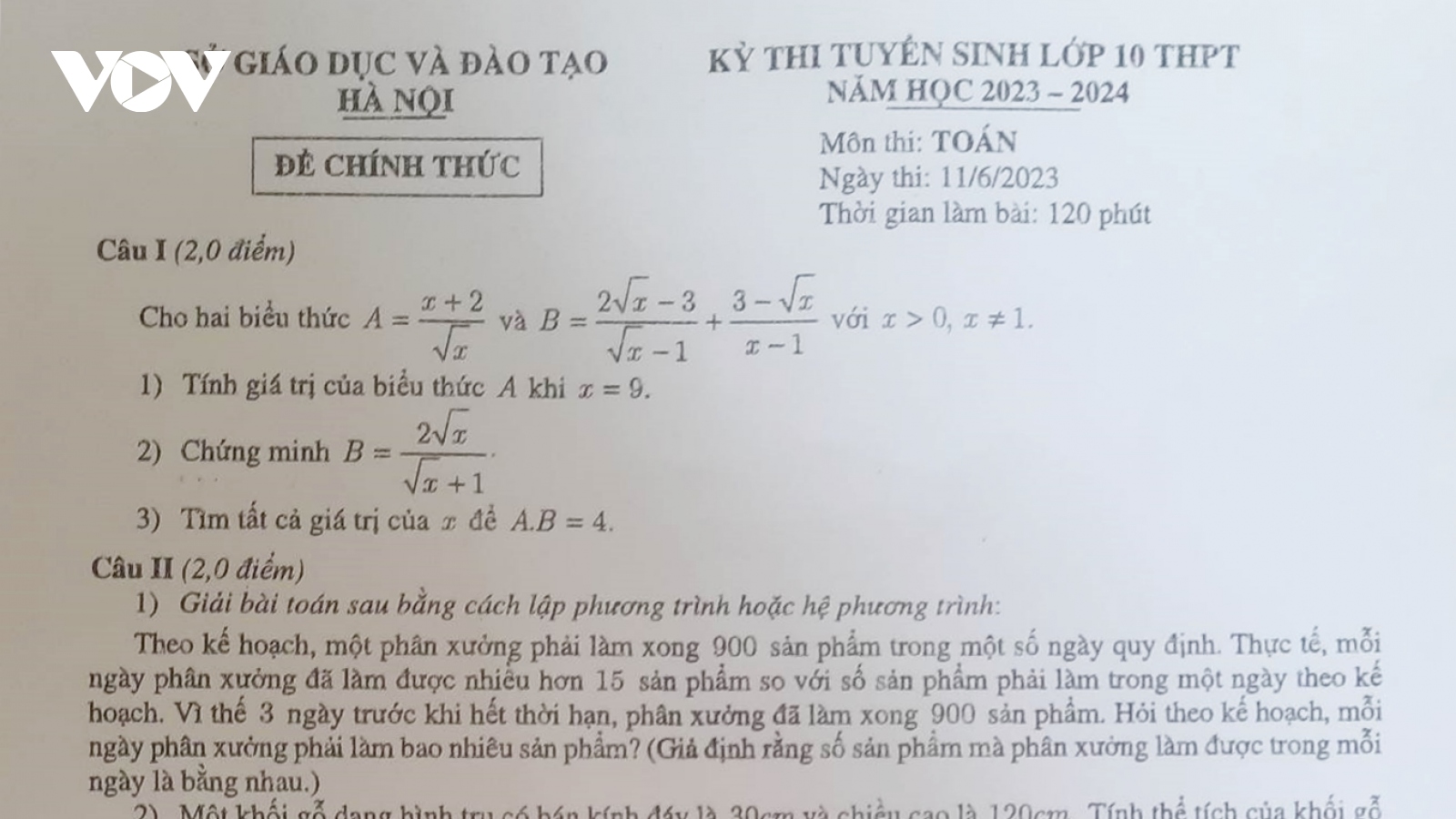 Đề thi Toán vào lớp 10 công lập tại Hà Nội