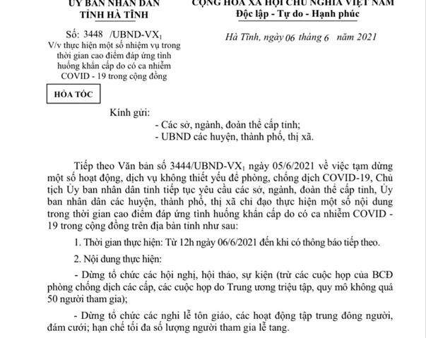 Từ 12h trưa 6/6, Hà Tĩnh tạm dừng hội họp, sự kiện nghi lễ tôn giáo, đám cưới