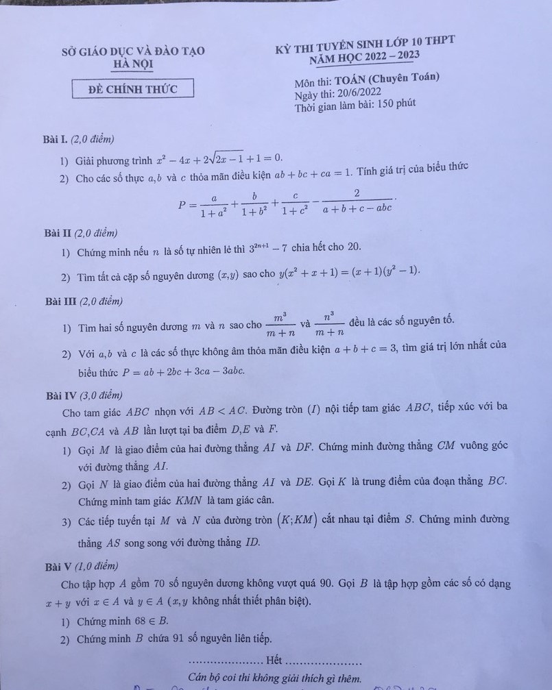 Đề thi chuyên Toán vào lớp 10 của Sở GD-ĐT Hà Nội năm 2022